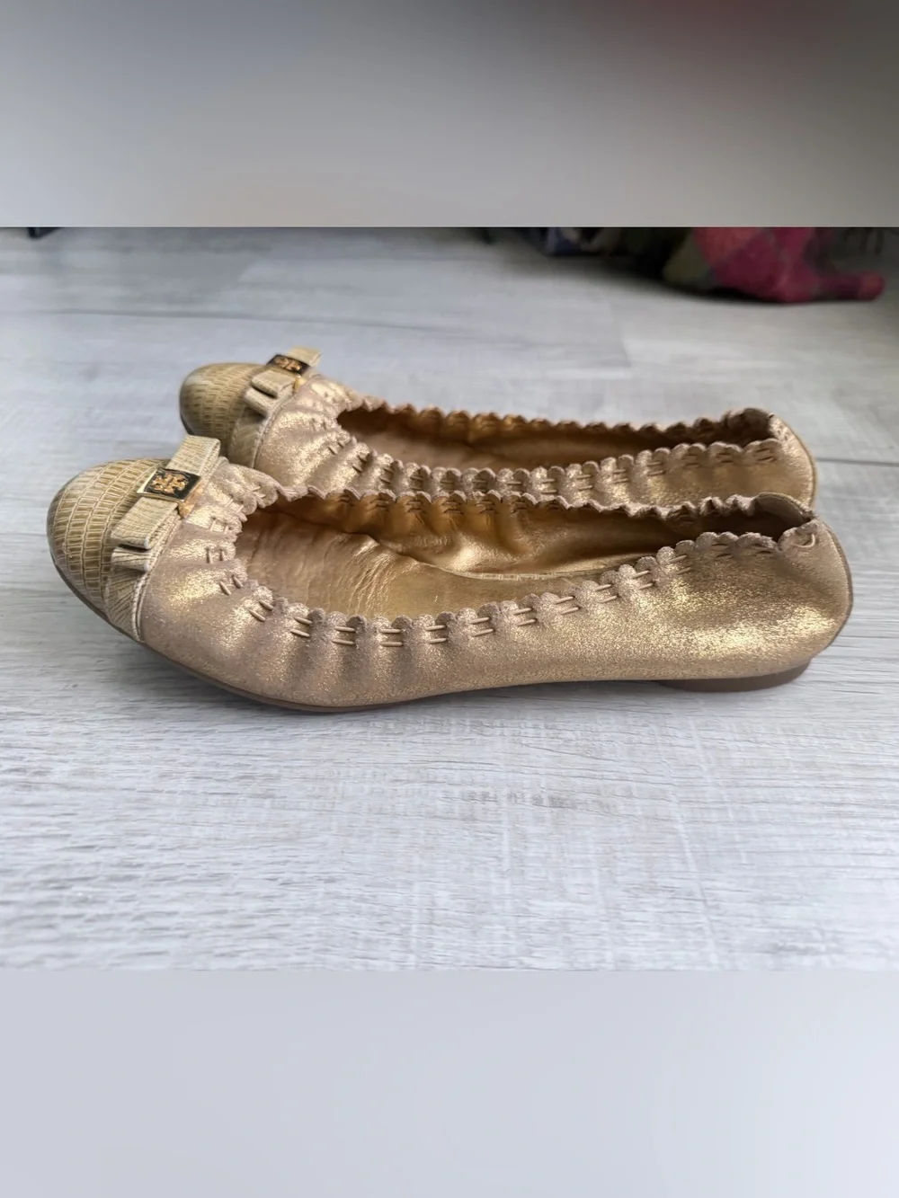 Tory Burch Metallic Gold Elastic Ballet Flats with Logo Bow 8